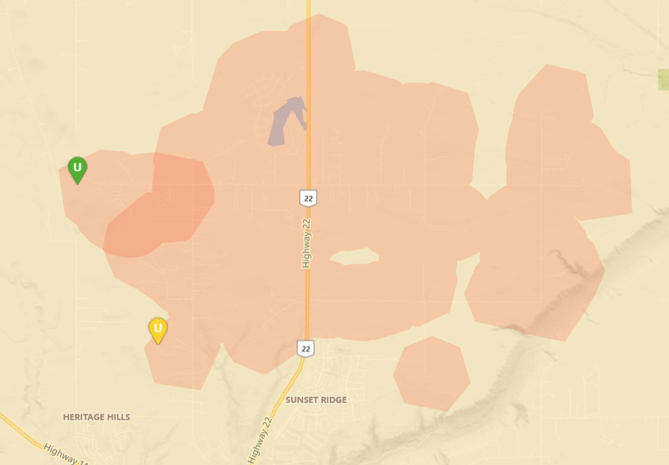 FortisAlberta is reporting that a power outage is impacting parts of the Town of Cochrane and Rocky View County. Graphic / FortisAlberta 