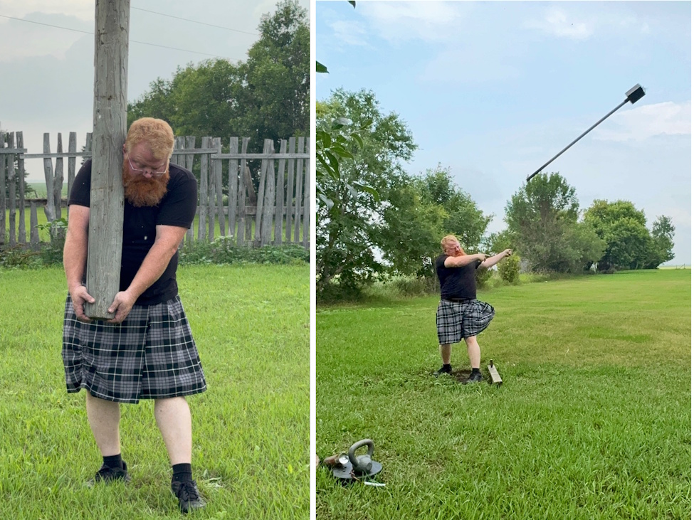 a MAN WEARING A KILT HOLDING A HYDRO POLE IN ONE PICTURE AND THROWING A LONG STICK IN THE OTHER