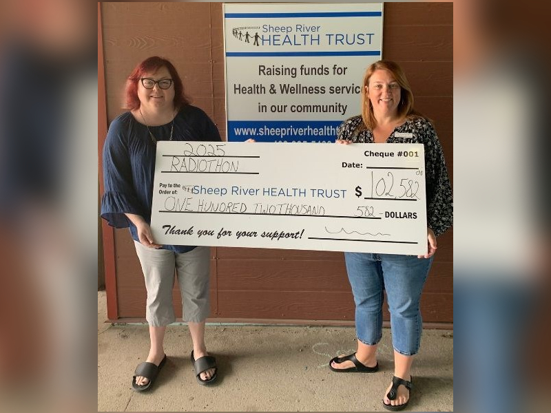 Christine Oakes and Andrea Mitchell with the Sheep River Health Trust holding a cheque.