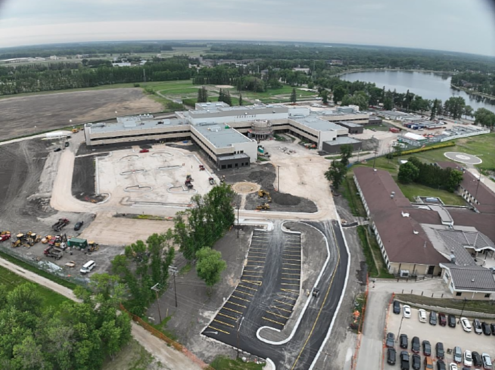Birdseye view of the New Portage hospital with the first paved parking lot
