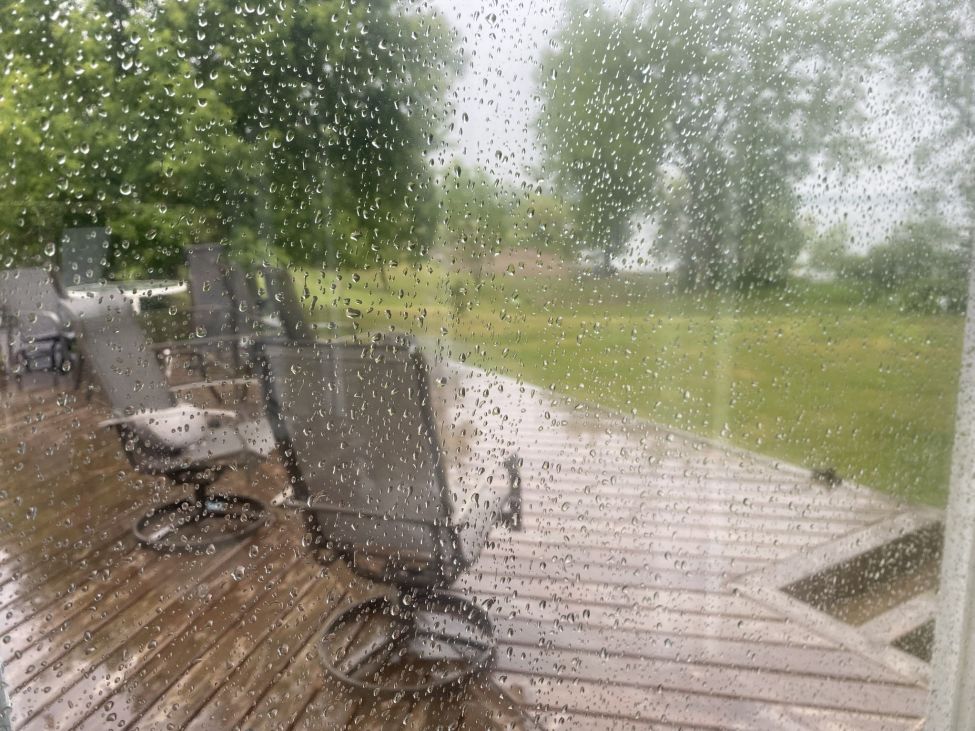 looking through a window on a rainy day out onto a deck and back yard