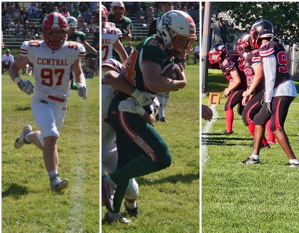 Collage of three Canadian football scenes: a player in a white and red uniform (#97) running on the field; a player in a green, orange, and white uniform being tackled while holding the football; and a group of players in black and red uniforms lined up at the line of scrimmage, ready for play to begin.