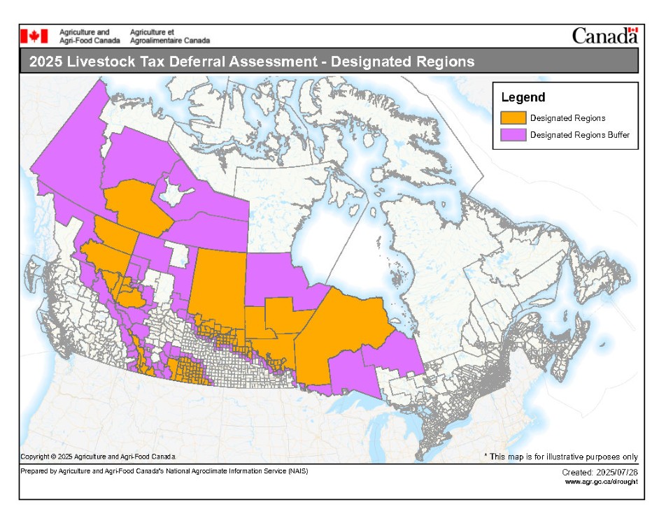 map of Canada showing designated areas and buffer zones from Northern BC to Ontario