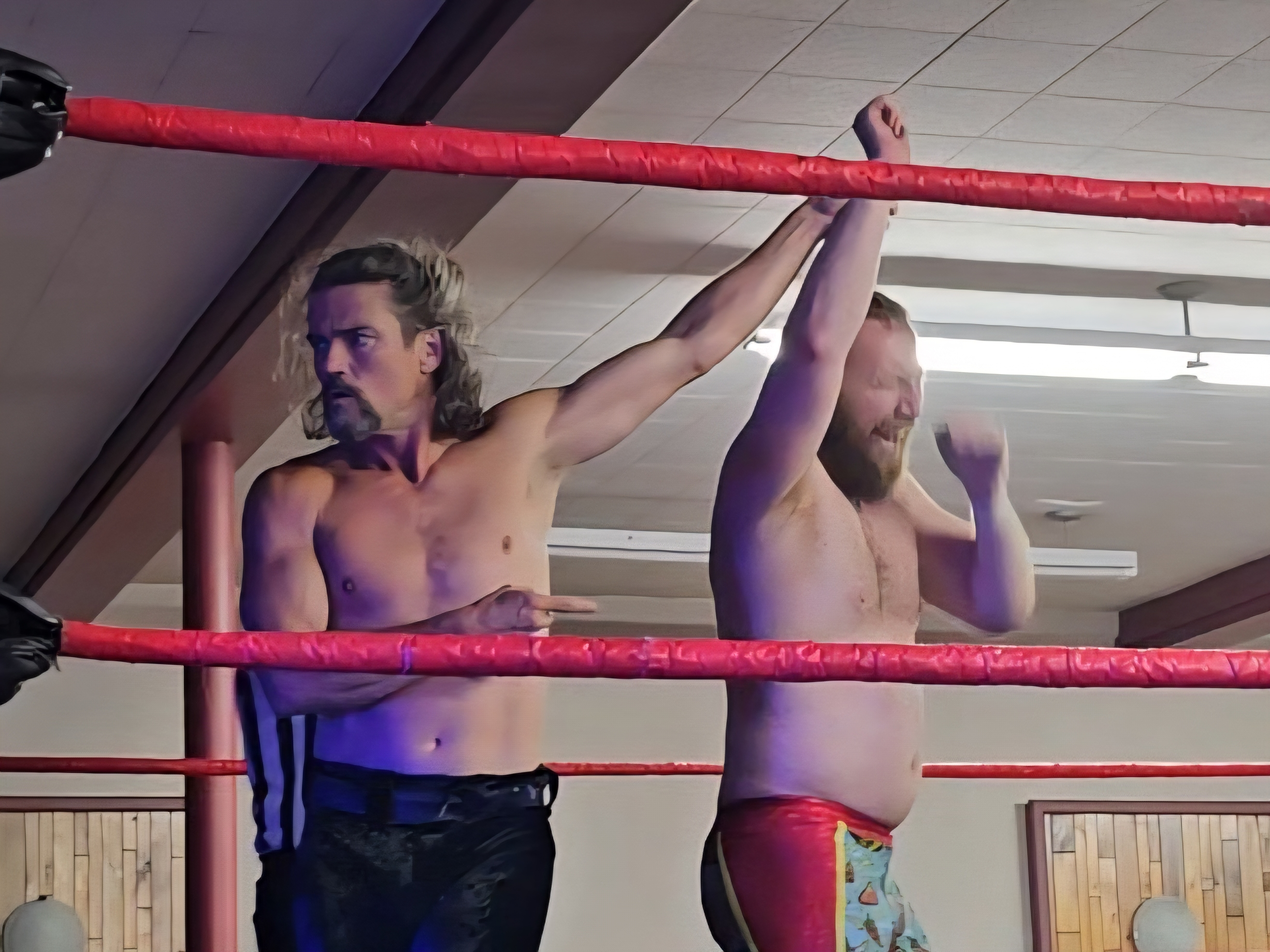 The Brian Kendrick raises mighty arm of Sammy Peppers after a grueling 8-man showdown in the main event at the CWE Cruel Summer Tour kickoff in Portage la Prairie. PORTAGEONLINE / TYLOR BAER