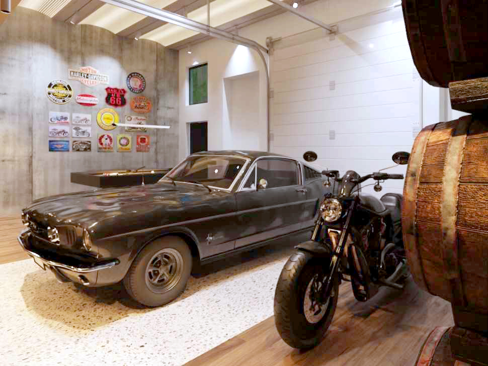 a classic car with a motorcycle and barrels in the foreground