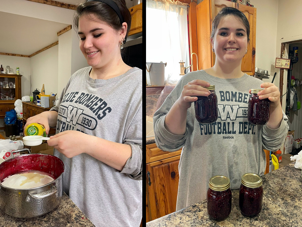 Two images. Left photo shows a teen girl wearing a Winnipeg Blue Bombers sweatshirt measuring lime juice into a cooking pot. The right image shows the girl smiling, standing in the kitchen, holding two jars of dark red jam.