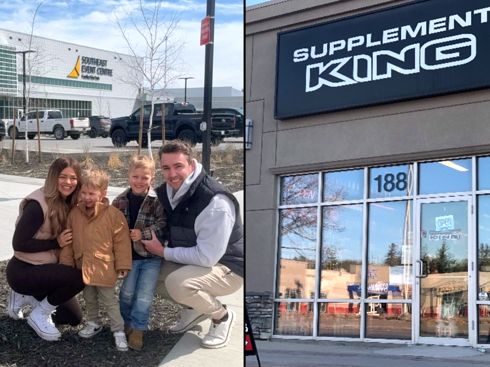 a smiling, crouching family and a Spplement King store with reflective glass