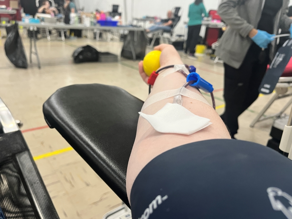 Photo from the perspective of a blood donor.