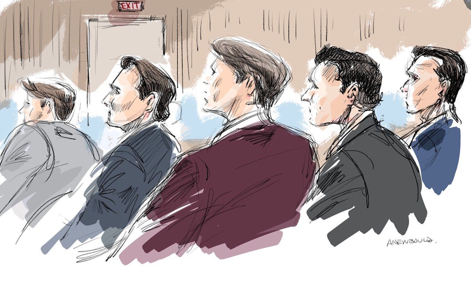 This sketch from London, Ont., shows five former members of Canada's world junior hockey team look on as Justice Maria Carroccia delivers her ruling in their sexual assault trial on Thursday, July 24, 2025. THE CANADIAN PRESS/Alexandra Newbould