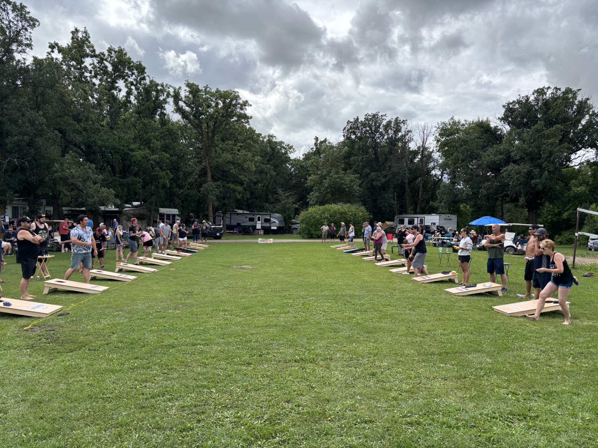 Participants on the field for the second annual Ofty's Riverside Campground Cornhole tournament. Photo credit: Colin Doyle