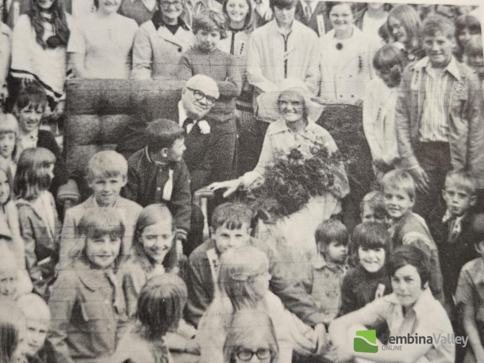 Dr. C.W. Wiebe Appreciation Day, June, 1972. Cornelius and Helen are joined by some of the 6,000 babies he delivered
