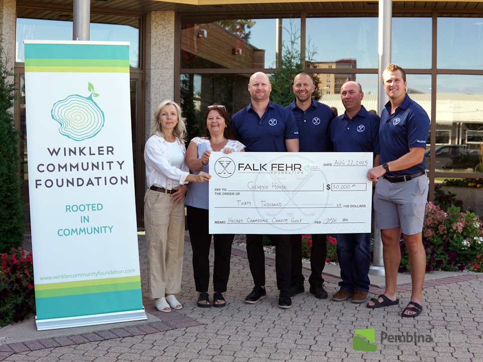(left to right) Winkler Community Foundation Executive Director Myra Peters, Executive Director of Genesis House Ang Braun, Falk Fehr Foundation's Marlin Froese, Eric Fehr, Corey Derksen, and Justin Falk  