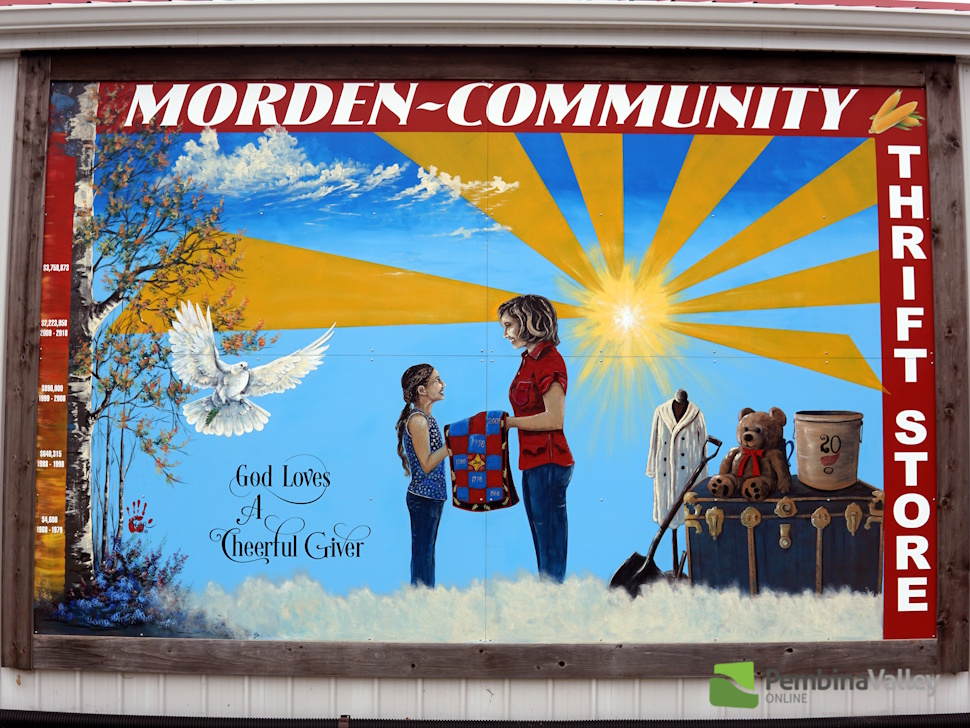 Mural on the side of the Morden Community Thrift Store Building