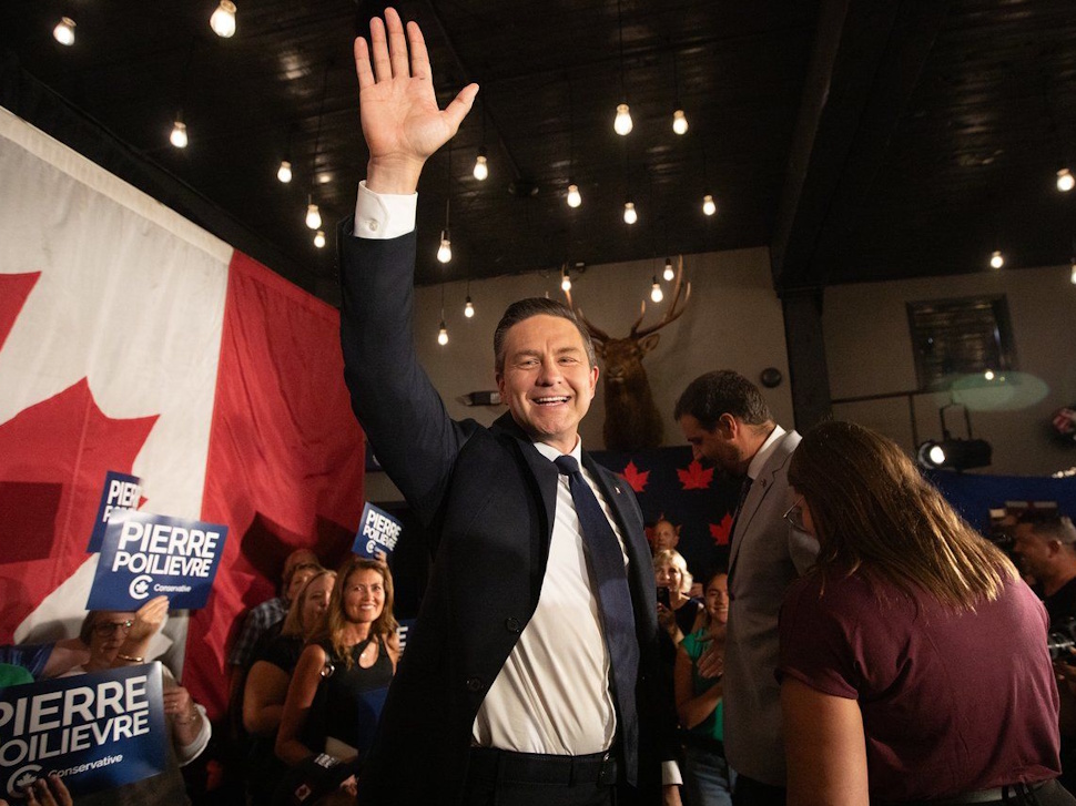 Conservative Party Leader Pierre Poilievre celebrates the win during the Battle River-Crowfoot byelection in Camrose, Alta., Monday, Aug. 18, 2025. THE CANADIAN PRESS/Jason Franson