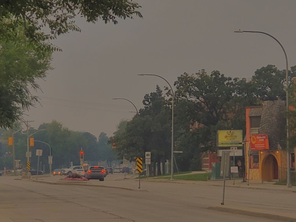Smoke hangs over the sky and trees in a photo of a winnipeg street