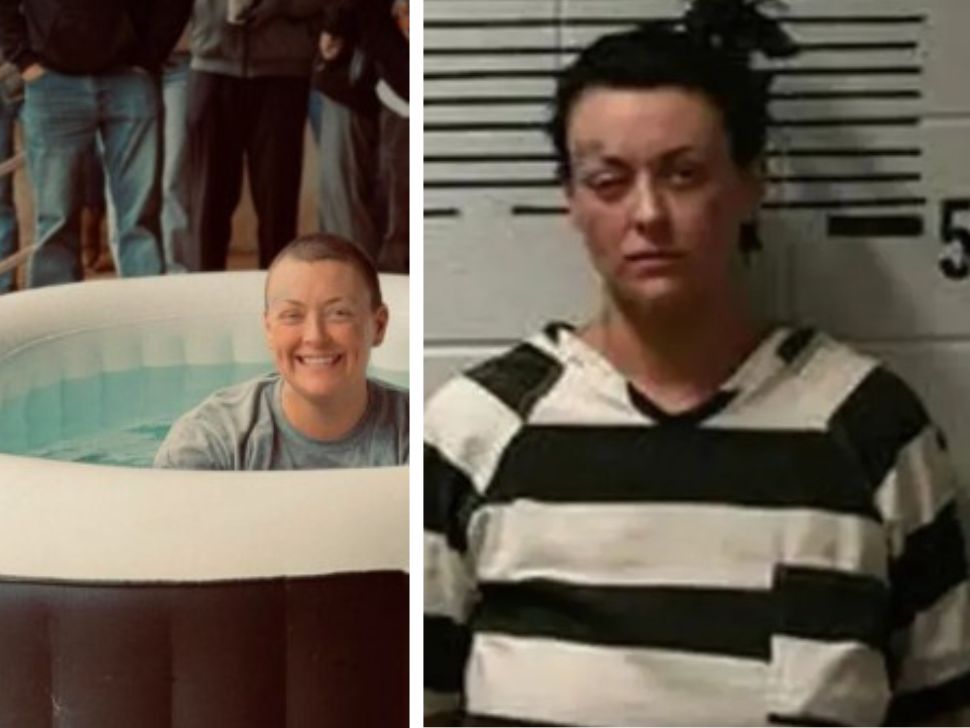 Grace Pauline Kelley with her mugshot (right) and recent baptism (left).