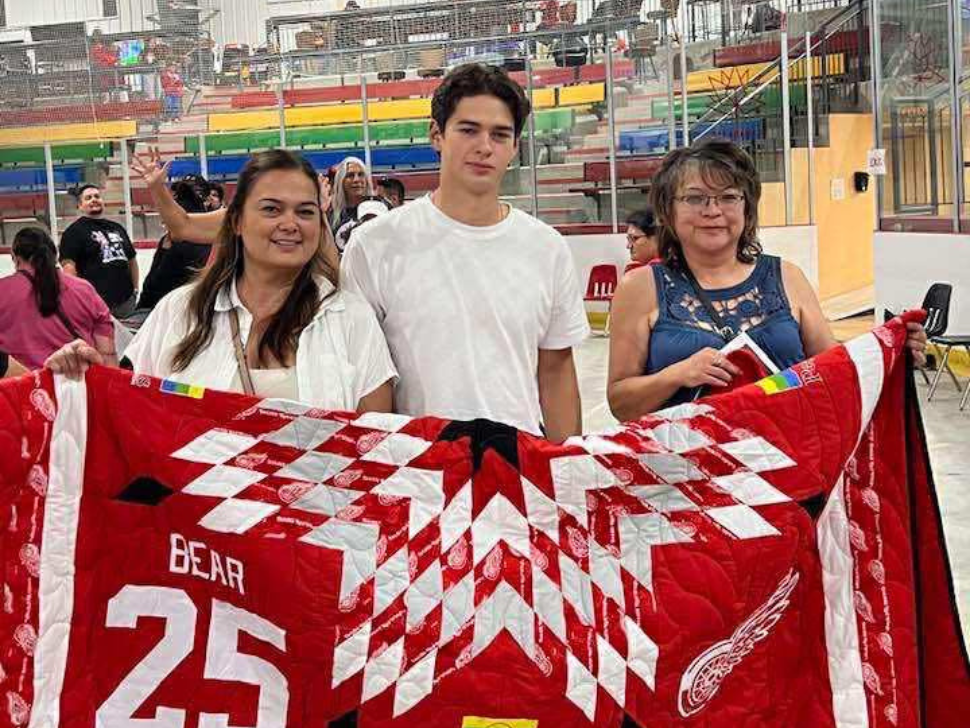 Carter Bear receives a specialty star blanket