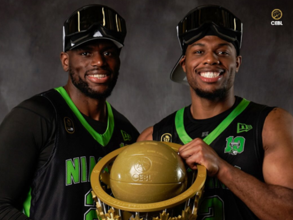 Meshack and Elijah Lufile pose with 2025 CEBL Championship trophy. 