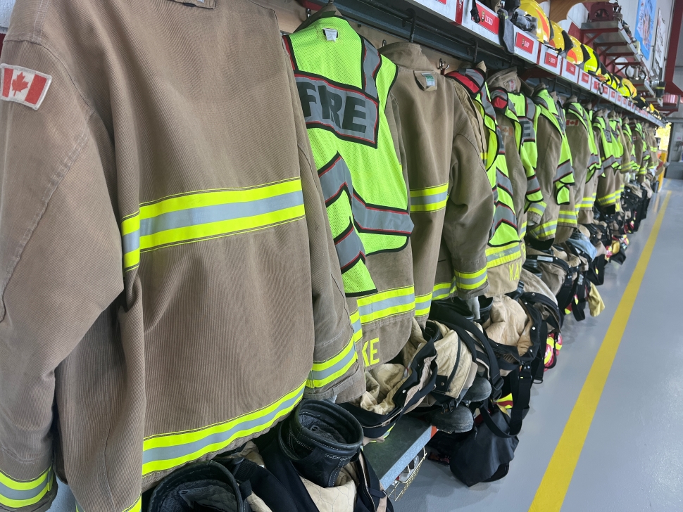 Lineup of fire jackets at the Weyburn Fire Department.