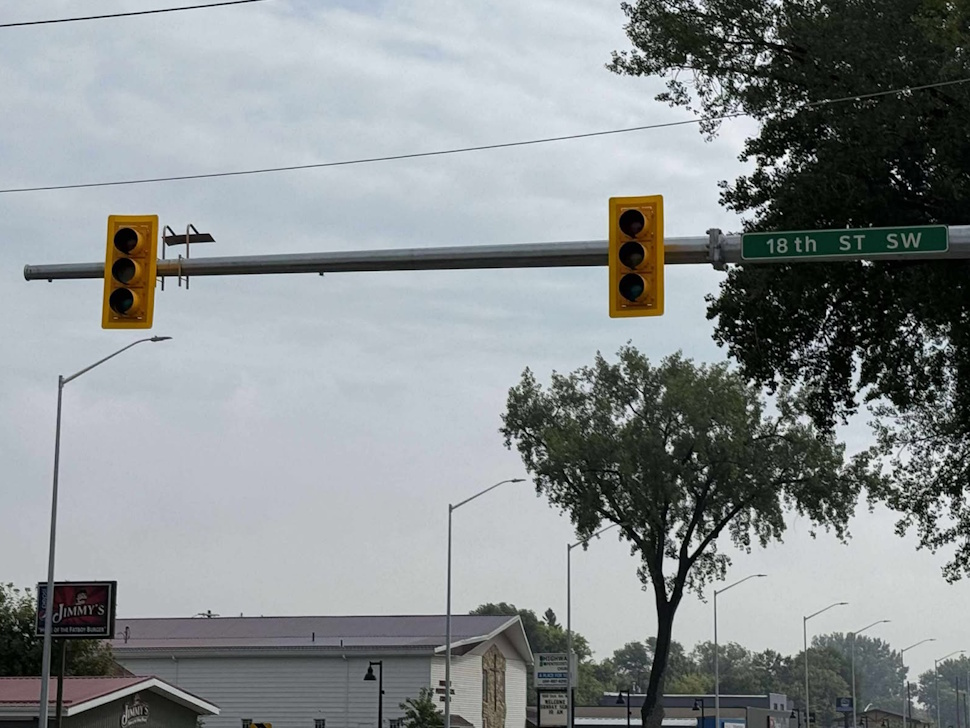 Traffic lights dark at 18th Street SW in Portage la Prairie during a daytime power outage.