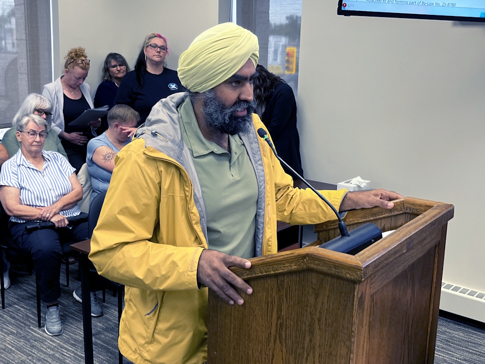 Karampaul Sandhu addresses Portage la Prairie City Council during a public hearing on a proposed eight-unit rental building.