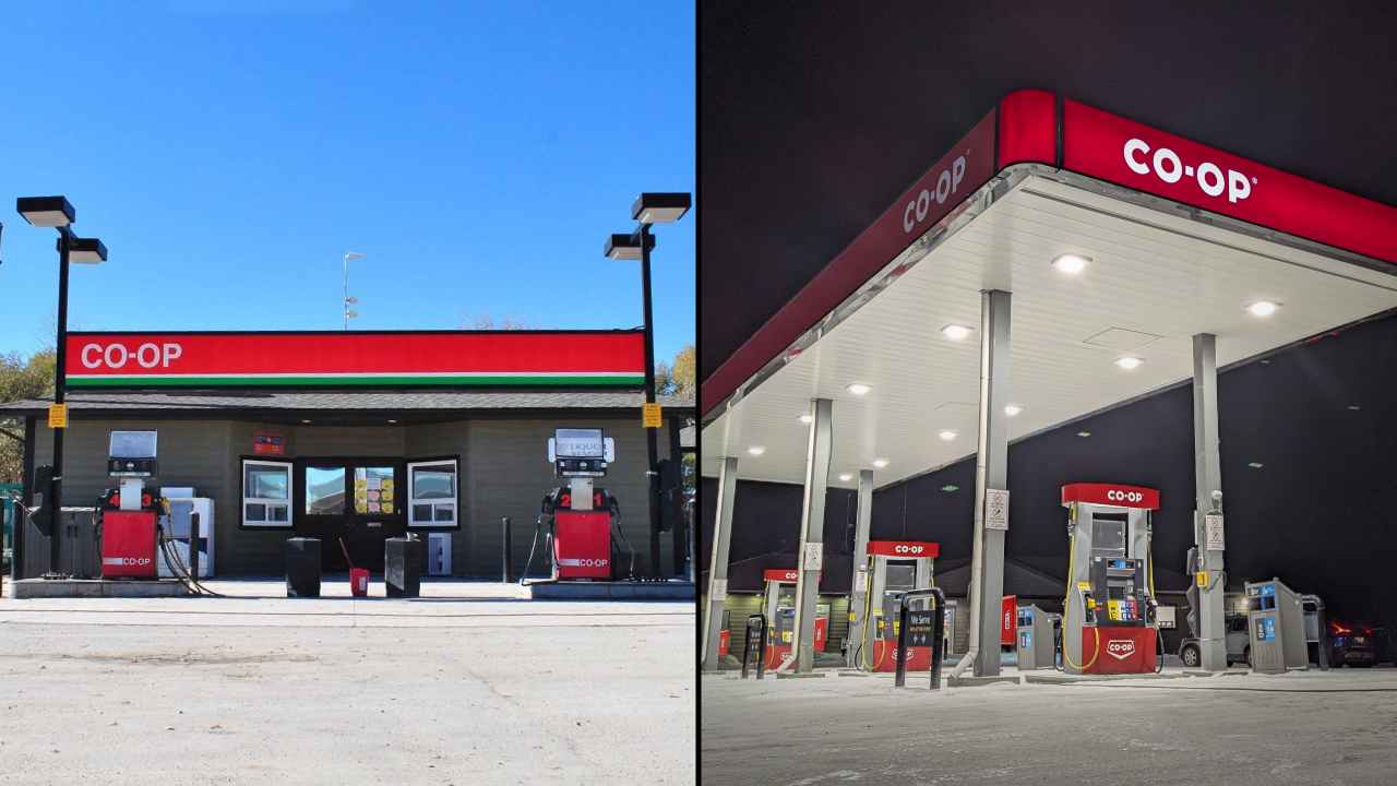 a before and after of a Coop gas bar with new pumps