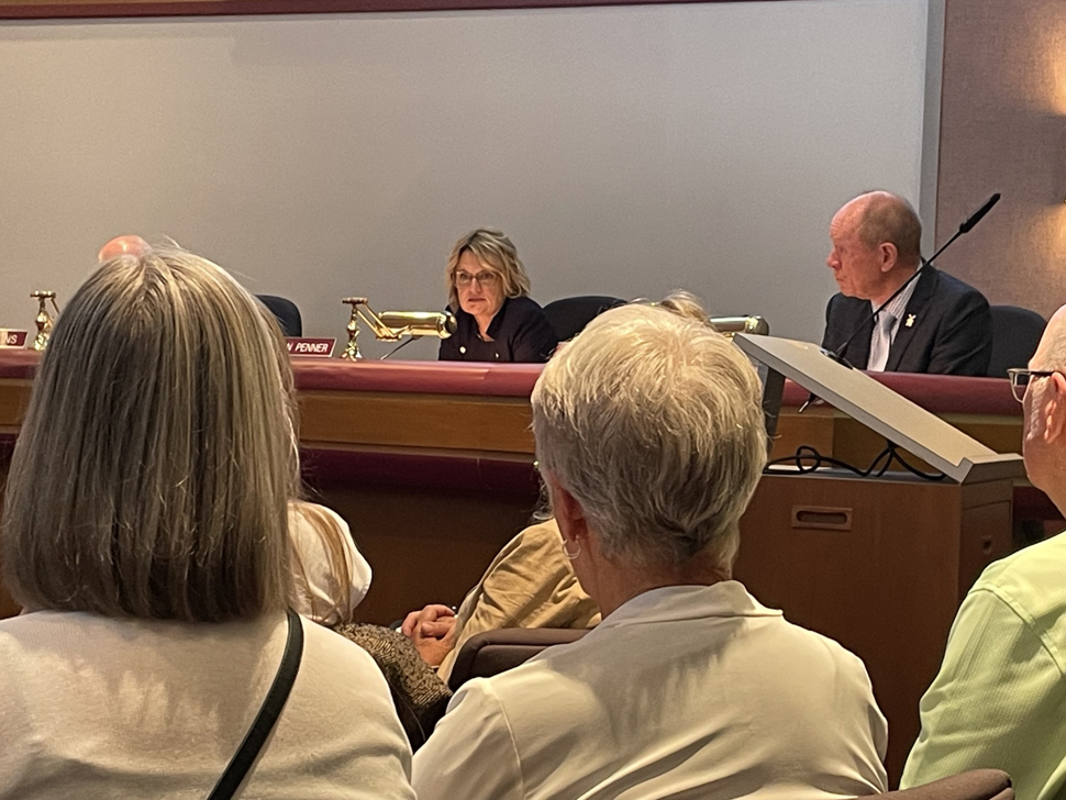 A woman looks into a small group of people seated in a meeting room.