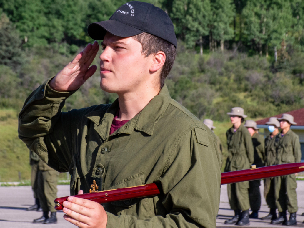 Cadet Chief Warrant Officer White stands at attention at a parade this summer at Rocky Mountain Cadet Training Centre