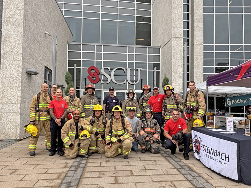 Some of the firefighters that participated in the 9/11 stair climb in Steinbach on Thursday.