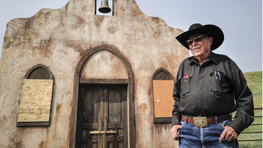 Alberta film producer and stuntman John Scott pauses on a Western movie set located on his 5000 acre ranch near Longview, Alta., Tuesday, Sept. 2, 2025.THE CANADIAN PRESS/Jeff McIntosh