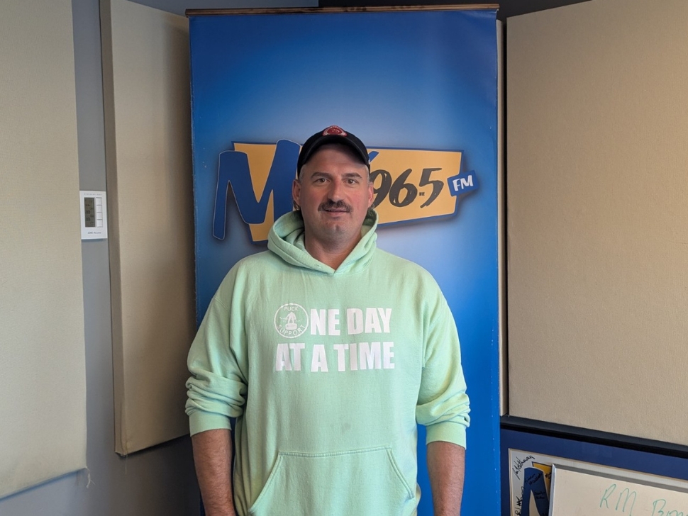 Andrew Cherkas in the Mix 96 studio talking about his fundraising and awareness walk for firefighters mental health