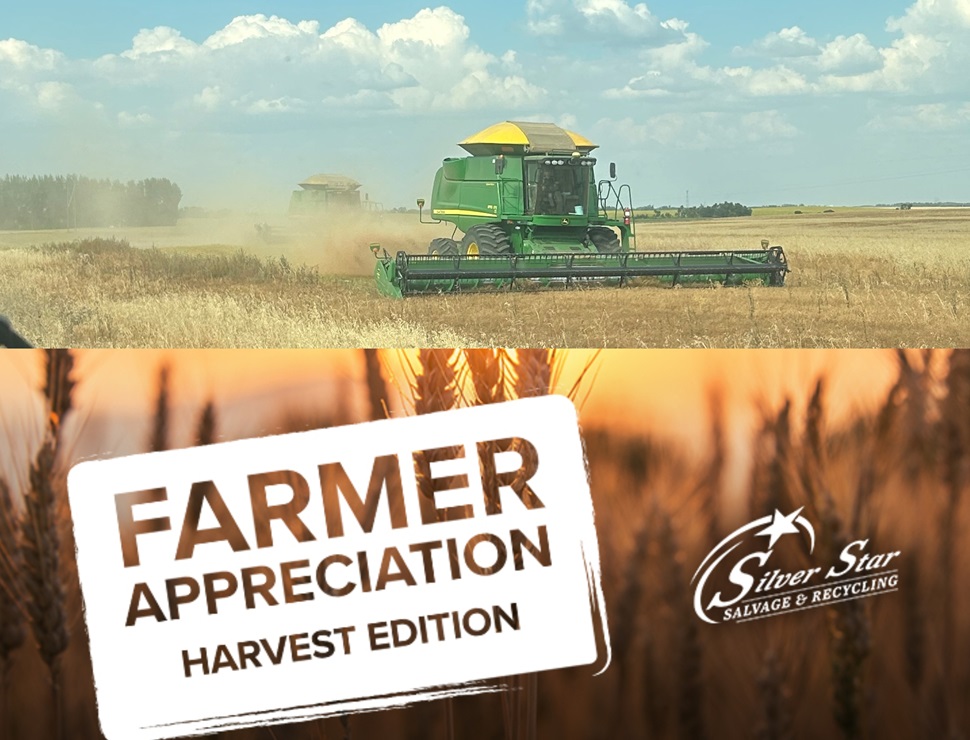 Split image showing a green combine harvester working in a field under a blue sky with scattered clouds, and a close-up of wheat stalks against an orange sunset or sunrise. Text overlay reads: 'FARMER APPRECIATION HARVEST EDITION' and 'Silver Star SALVAGE & RECYCLING.