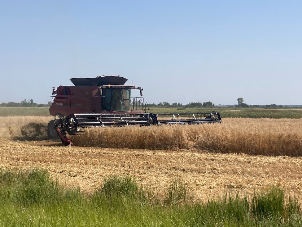 a combine working on a field