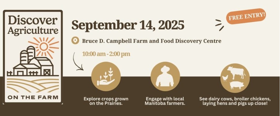 brown  background with writing promoting Discover Agriculture on the Farm September 14, 2025