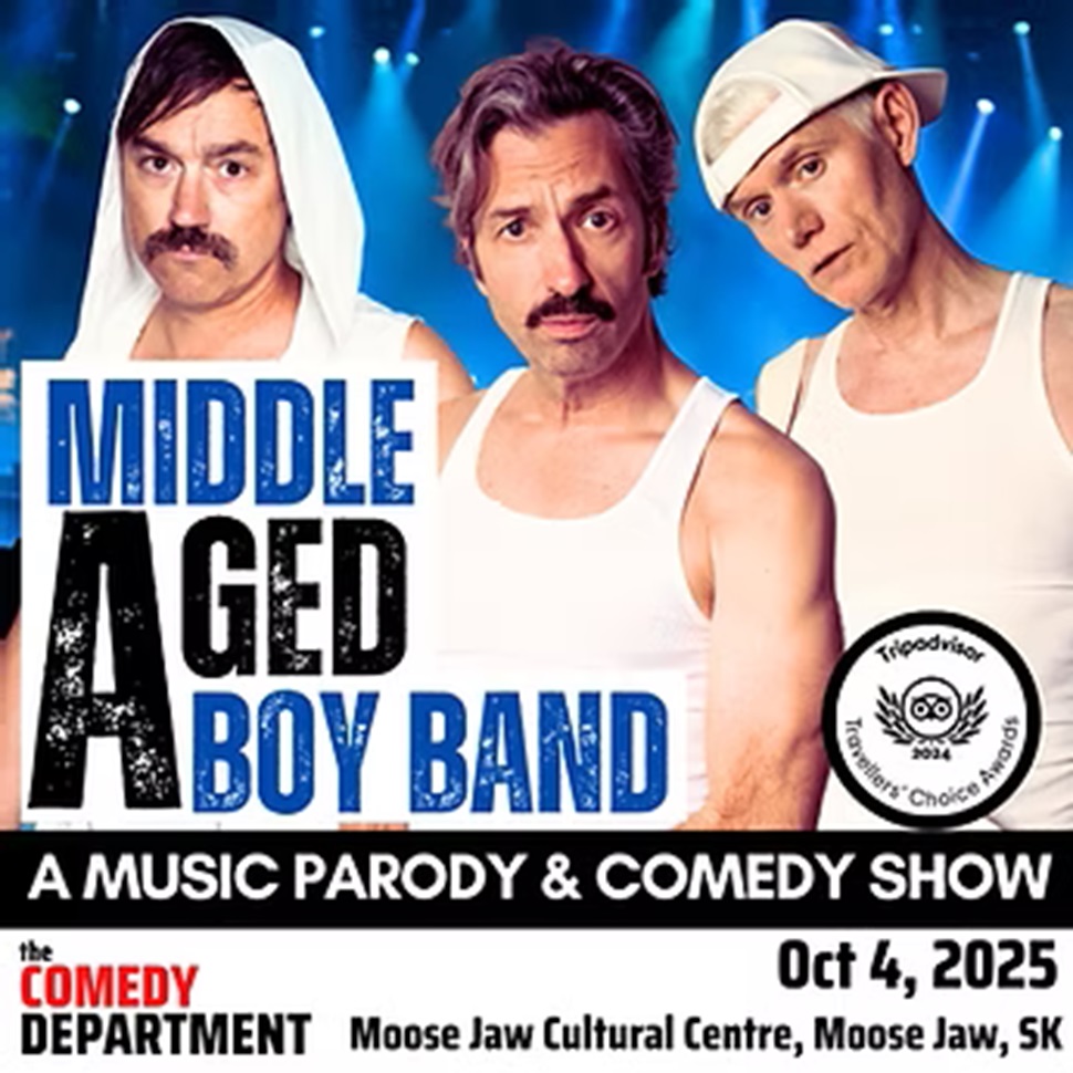 A promotional poster for the Middle Aged Boy Band show, featuring the four performers posing together in boy band–style outfits with playful expressions. The poster includes the event details: October 4 at the Mae Wilson Theatre in Moose Jaw.