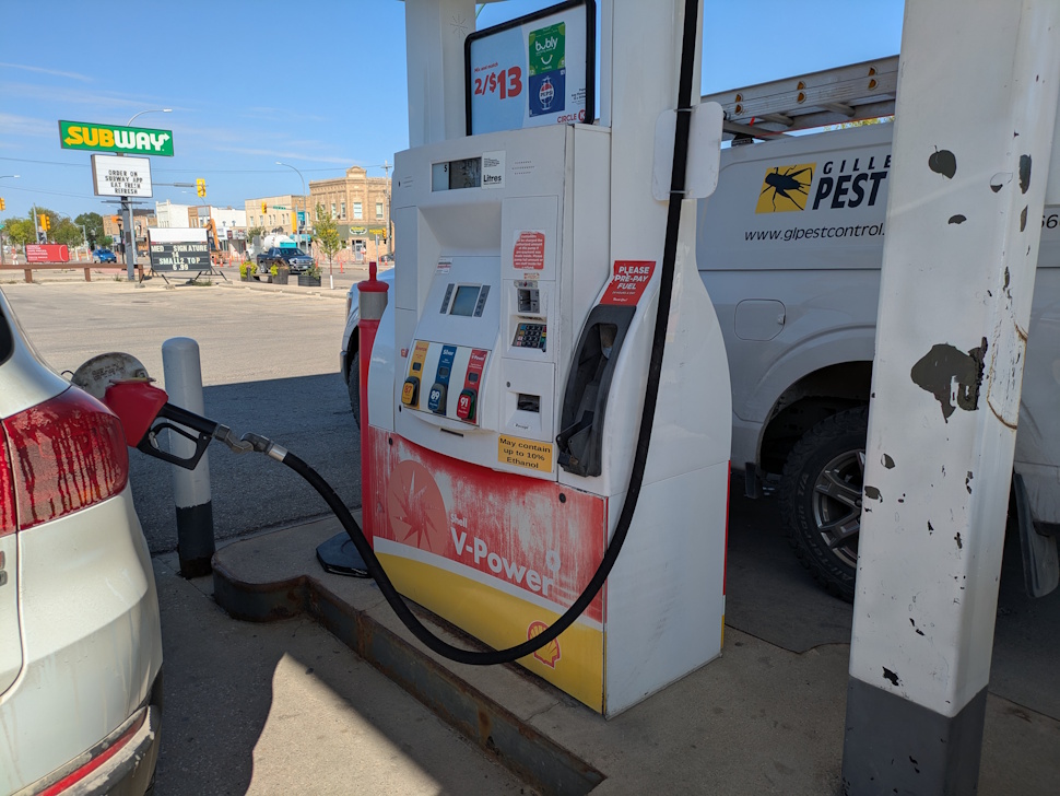 A gas pump in Portage la Prairie, where prices have slipped to around $1.35 a litre and could continue to lower throughout the fall season. PortageOnline/Maryssa McFadden