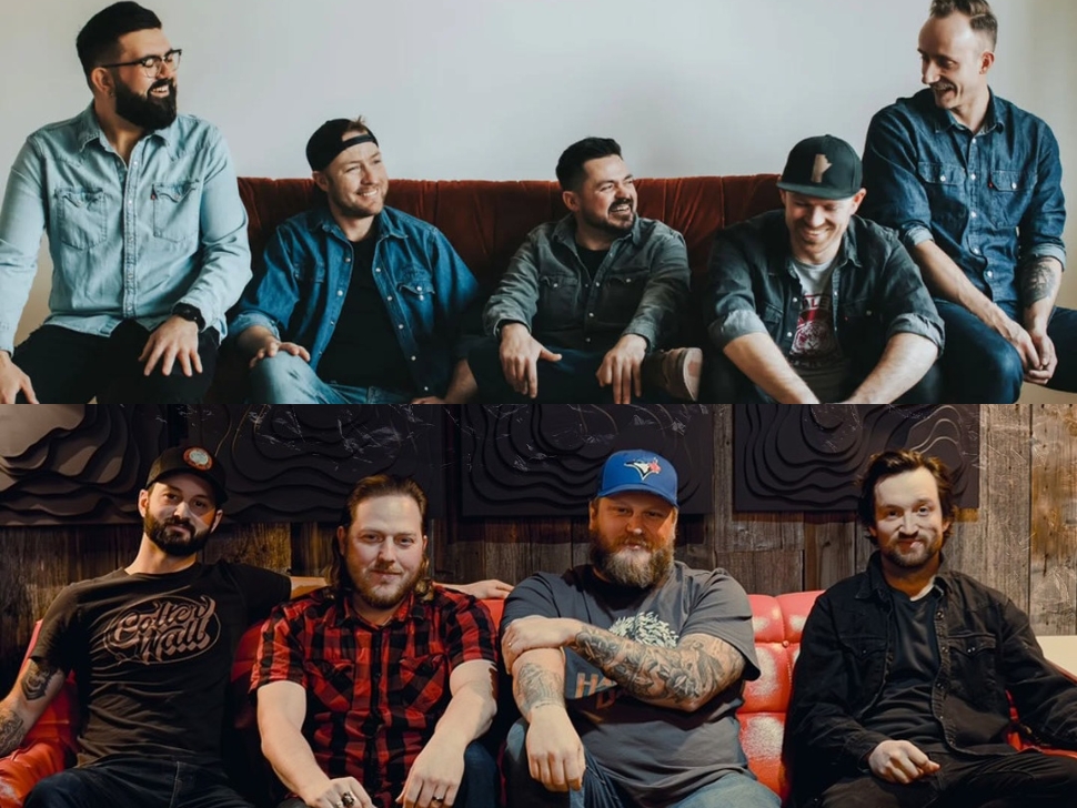 two photos of band members sitting on couches