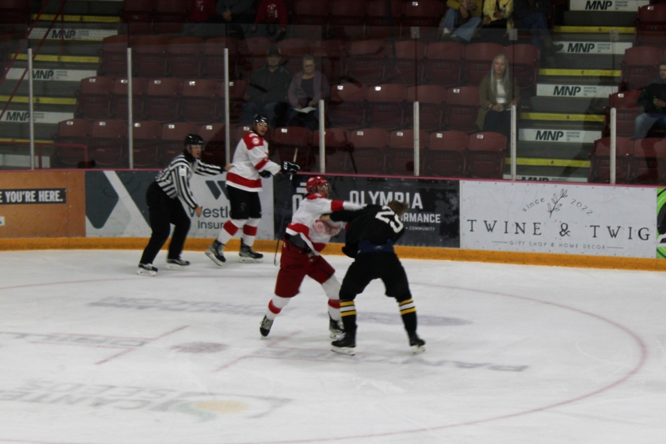 Photo of players from the Weyburn Red Wings and Estevan Bruins dropping the gloves at Tuesdays game.