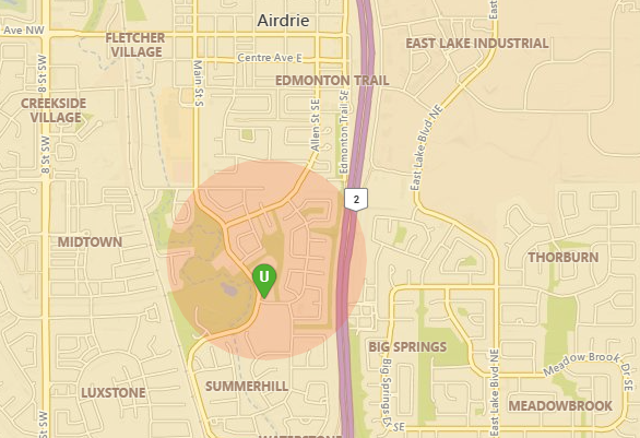 Map of the power outage Wednesday morning in Airdrie. / Screenshot/Fortis Alberta