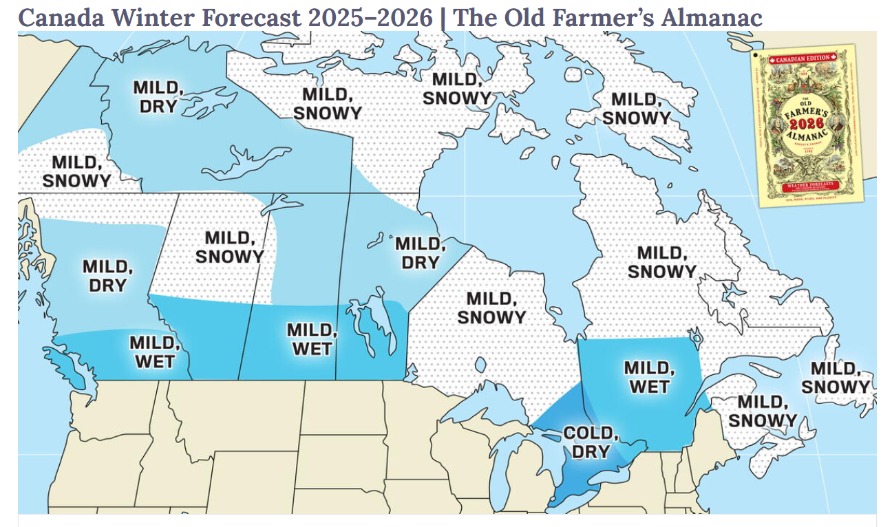 The Old Farmer's Almanac 2025-26 Canadian Edition predicts a mild, wet winter for the Southern Prairies