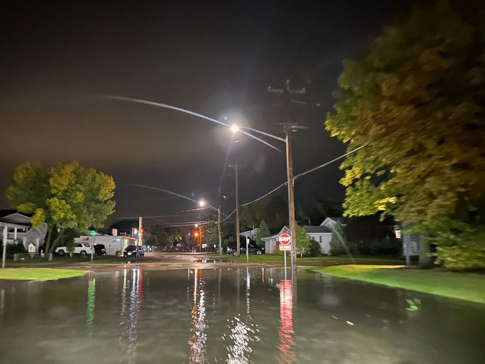 Flooded street in Niverville on Sept 12, 2025 after thunderstorms dropped heavy rain overnight. 