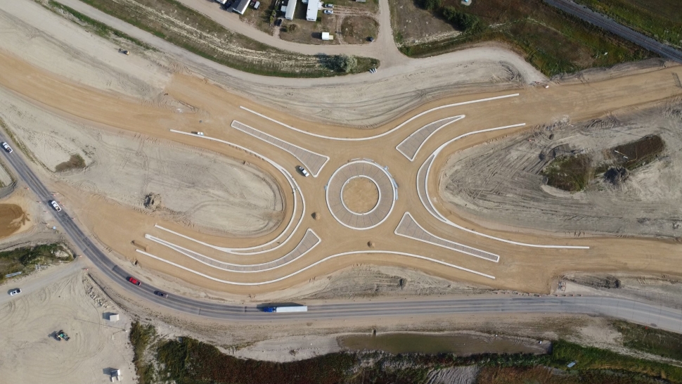 An overhead image of a roundabout under construction