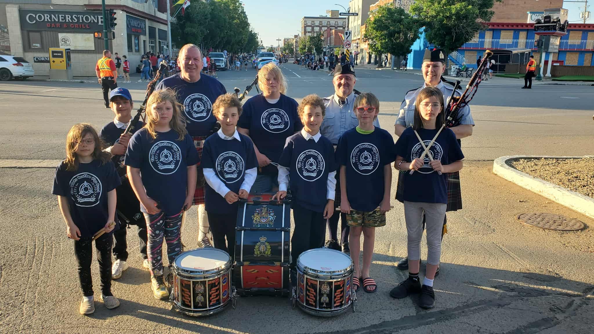The local White Heather Pipe Band is shown in this photo
