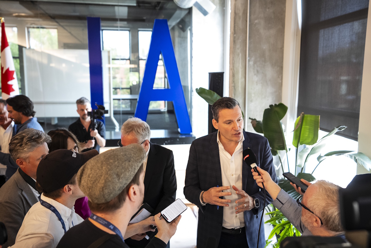 Minister of AI and Digital Innovation Evan Solomon speaks to media following an announcement during a visit to Scale AI in Montreal on Thursday, July 10, 2025. THE CANADIAN PRESS/Christopher Katsarov