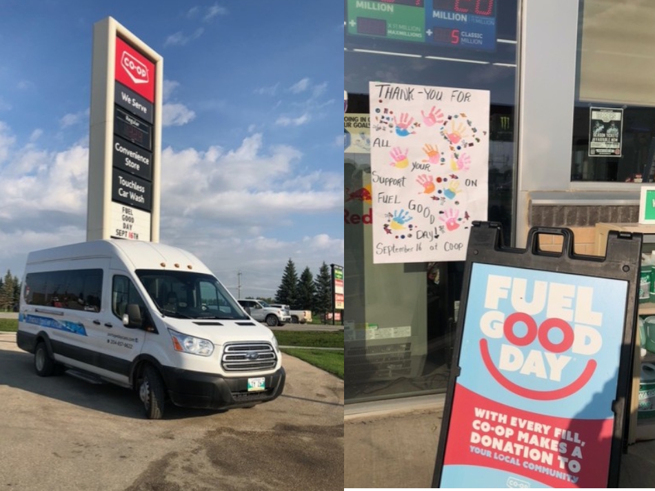 Portage Day Care Fuel Good Day - shows van beside Co-op gas price sign, and sign about donations