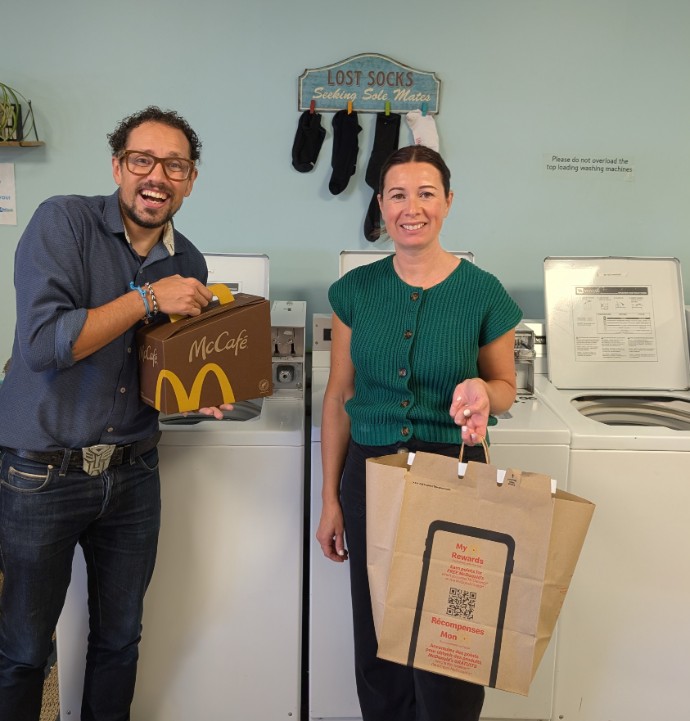 lost sock mccafe coffee break winner smiles happy