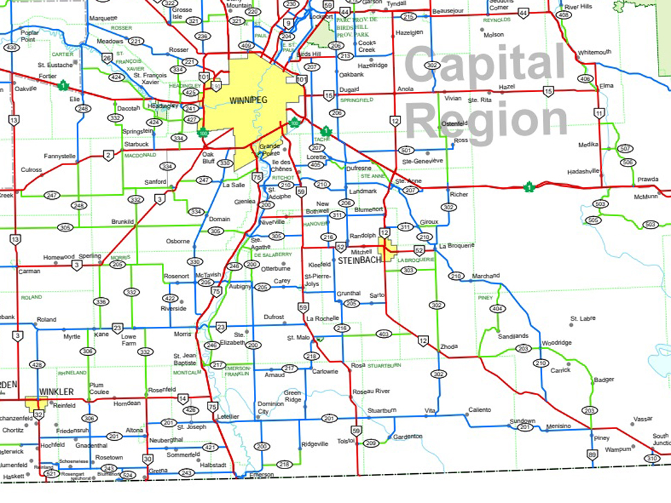 Map showing the three levels for roads in Manitoba.