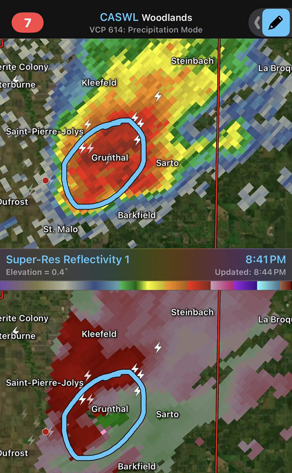 Radar map showing possible tornado activity Wednesday evening.