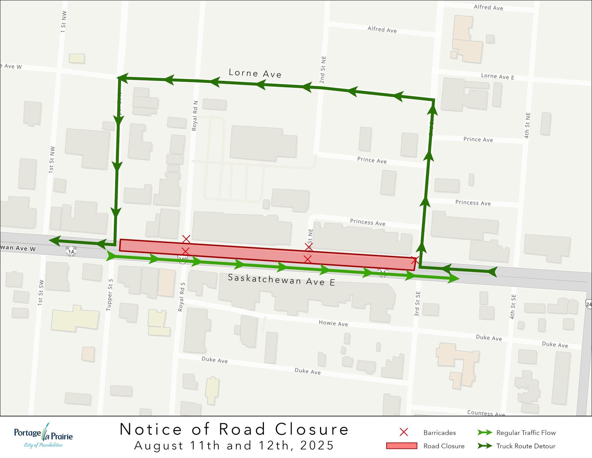 A diagram showing the closed section of road and the detour that drivers will need to take around the area. Photo provided by the City of Portage la Prairie's Facebook Page.
