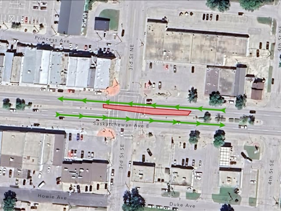 A map outlines the temporary closure at the intersection of 3rd Street and Saskatchewan Avenue E in Portage la Prairie, where only eastbound and westbound traffic will be permitted starting Thursday, August 21. Submitted Photo/City of Portage la Prairie